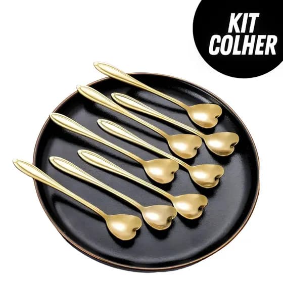 Kit Jogo Colher de Coração Dourada Inox para Chá Café Sobremesa Mesa Posta Cozinha Luxo Delicado Fofo