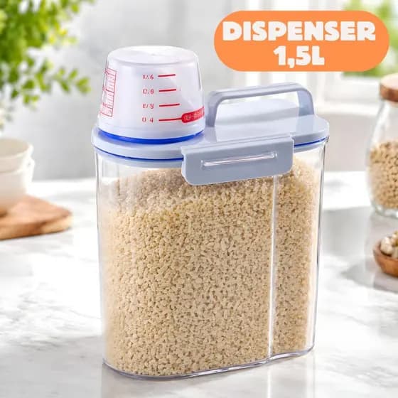 Dispenser Pote Hermético Multiuso 1,5L com Copo Medidor Dosador para Alimentos Cereais ou Lavanderia Organizador