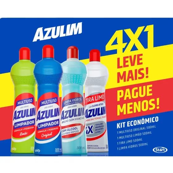 Kit Limpeza Completa Azulim 4x1 Multiuso Limão Original Limpa Vidros Tira Limo