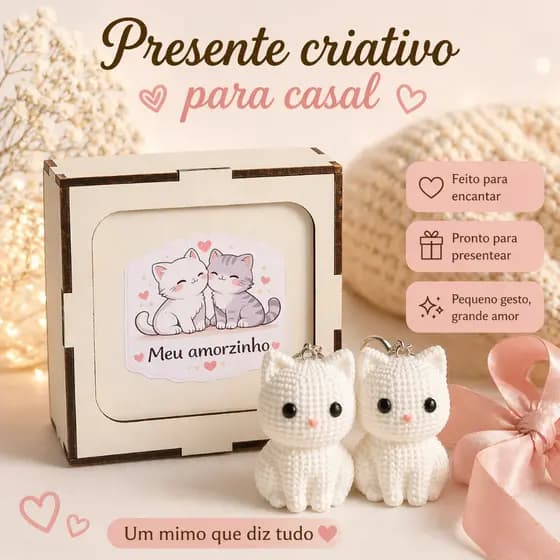 Presente para Namorada noiva esposa mãe de pet Kit Gatinho Casal com Caixa MDF e 2 Chaveiros