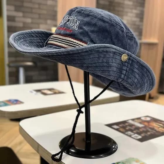 Chapéu Balde Jeans Retrô Masculino E Feminino , De Pescador De Algodão Lavado Ao Ar Livre Com Aba Larga , Proteção UV ,