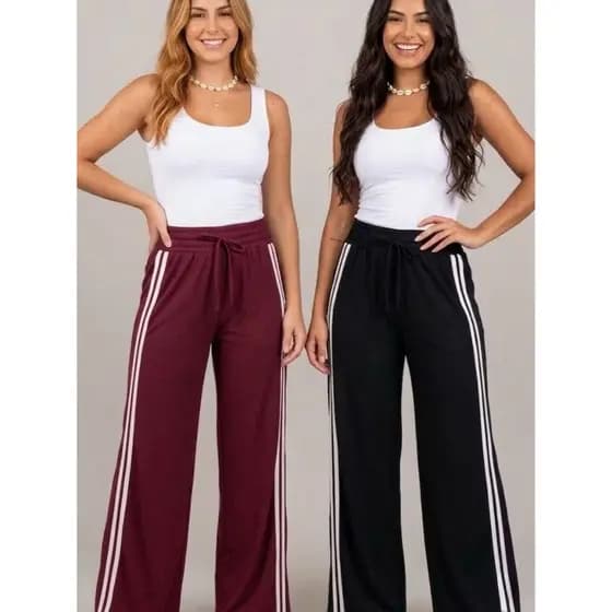Calça Feminina Pantalona Com Listras Na Laterais Tecido leve com Elasticidade
