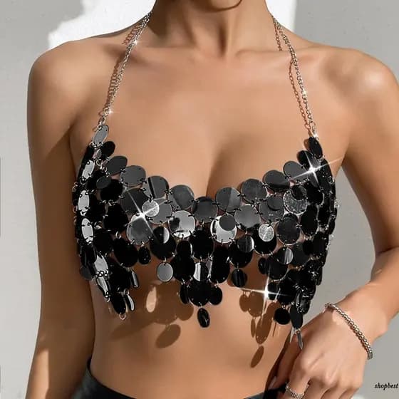 Top Curto Feminino DAS-Top, Estilo Justo, Prata, Sem Mangas, Decote Halter, Decoração com Lantejoulas, Adequado para P