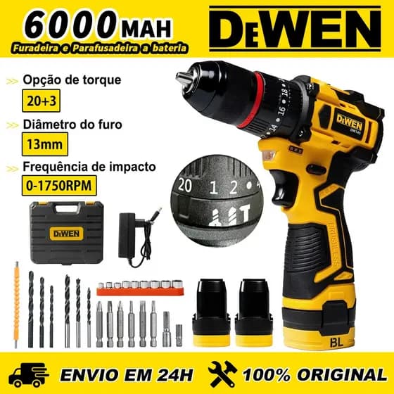 Parafusadeira Furadeira de Impacto Sem Fio 2Baterias Mandril 13mm 3em1 funções Kit Acessórios 28pcs