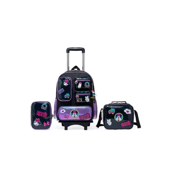Kit Minnie Mochila Lancheira Estojo Escolar Rodinha Infantil Feminina Disney