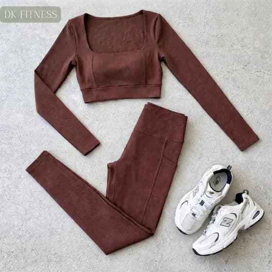 Conjunto Fitness Feminino Calça Com Bolso Cropped Manga Longa Malha Premium