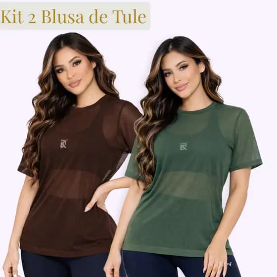 Kit 2 Blusa de Tule Look Fitness Academia Tshirt Leve Transparência