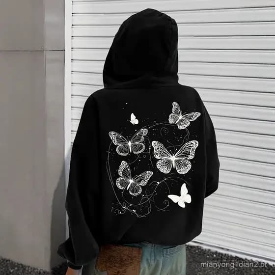 Estilo romântico nebuloso Popular transfronteiriço!Line Drawing Lace Butterfly Group Impresso Moletom Preto com Capuz.