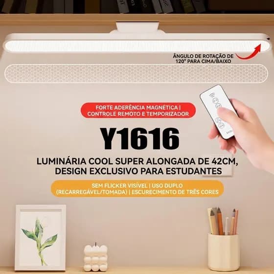 Luminária Magnética LED Recarregável Tipo-C 42cm Proteção Olhos com Controle Remoto