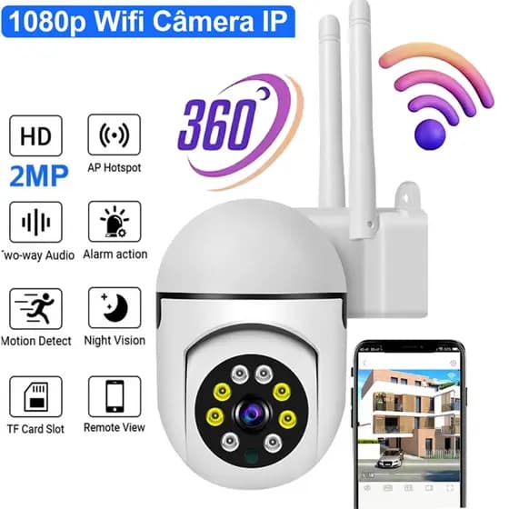 Câmera Segurança WiFi Q21S 360 Graus IP Externa Noturna Full HD V380 Pro Monitoramento Pelo Celular