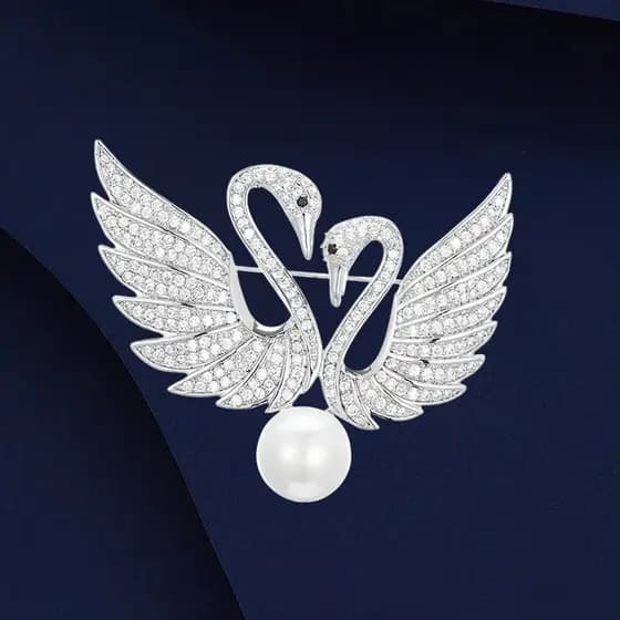 Exquisito Broche Duplo de Cisne Cravejado de Diamantes para Mulheres, Broche de Pérolas Elegante e Moderno, Alfinete Est