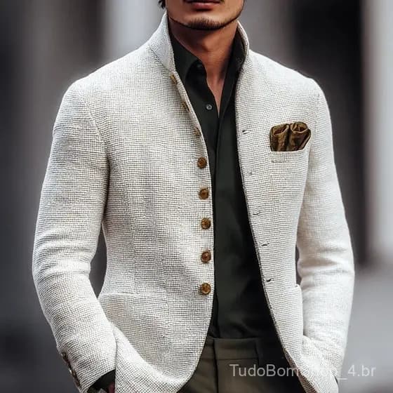 Jaqueta masculina com bolsos, estilo europeu e americano, gola alta, manga comprida, com botões, corte slim, casaco casu