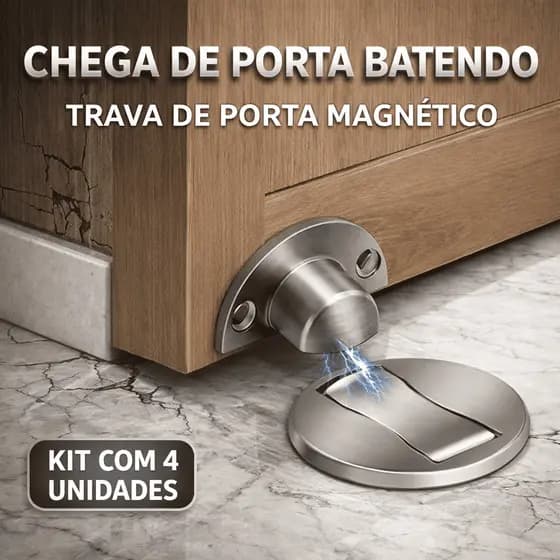 Trava de Porta Magnética Slim Aço Inoxidável com Amortecimento e Fixação Adesiva