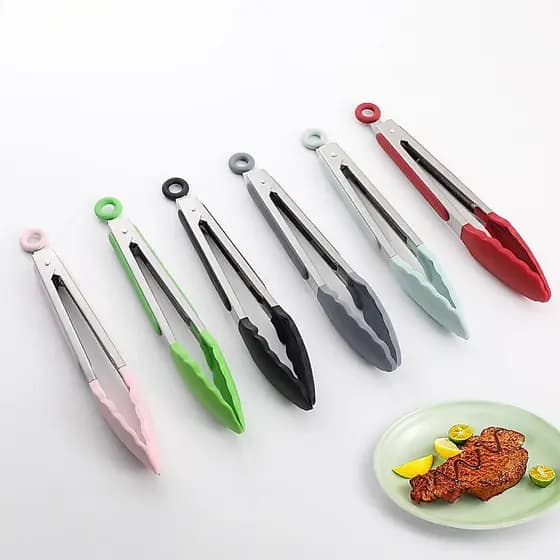 Pinças de silicone para alimentos, pinças para churrasco de 9 e 12 polegadas, pinças para pão, pinças de aço inoxidável