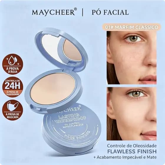 Pó Compacto MAYCHEER Controle de Oleosidade Acabamento Matte 8 Tons Resistente ao Suor