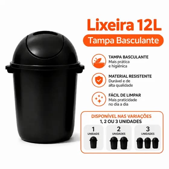 Lixeira 12 Litros Preta com Tampa Basculante | Ideal para Banheiro, Cozinha e Escritório Durable
