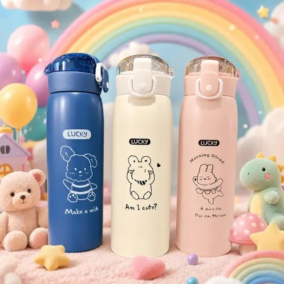 Garrafa Térmica Infantil 350ml Canudo Silicone Escola Inox Sem BPA Menina Menino Criança Fofa Animais