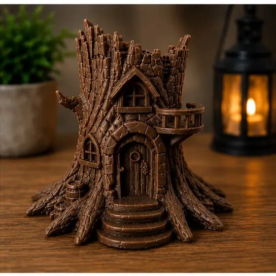 Casa de Árvore Encantada em Tronco – Miniatura Decorativa RPG e Diorama