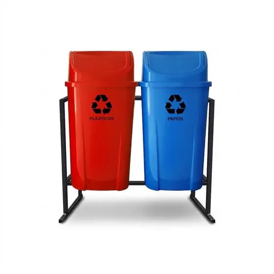 Kit 2 Lixeiras Coleta Seletiva 60L Basculante Lixo Reciclável + Suporte Estrutura Metálica