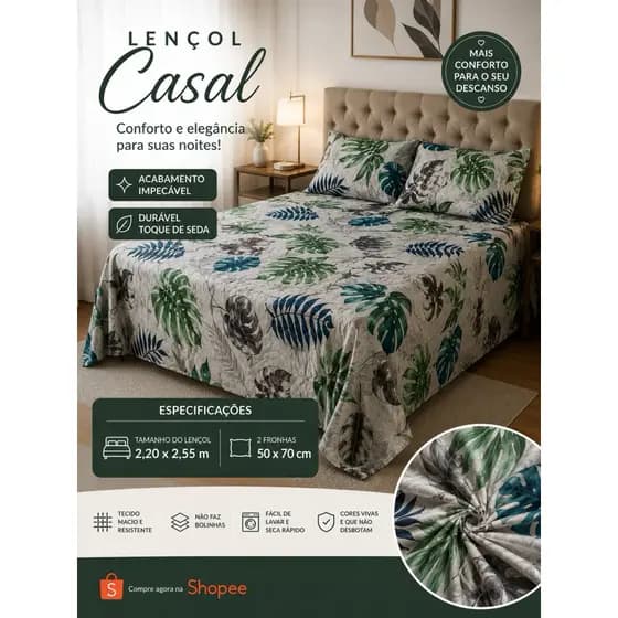 Jogo de Cama Casal kit 3 Peças Percal / Cama box, Queen Toque de Algodão Lençol 2,20x2,55 + 2 Fronhas 50x70 Luxo