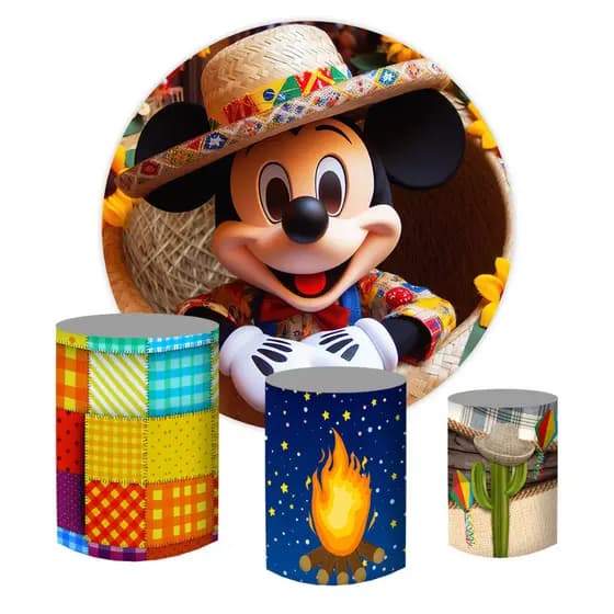 Painel Redondo + Capas Cilindros Tecido Sublimado Festa junina Mickey