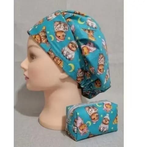 Kit (LEIA) touca com laço e nécessaire gorro bandana feminina restaurante enfermagem dentista cozinha esteticista