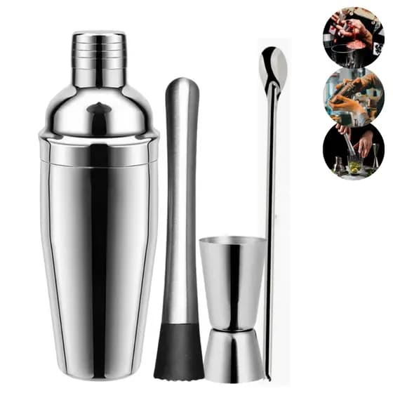 kit Bartender Coqueteleira inox 500ml 4 Peças Ideal Drinks e Caipirinha Com Dosador Socador e Colher