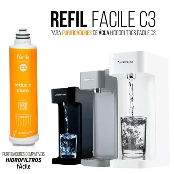 Refil C3 Facile Vela Filtro Purificador de Água Hidrofiltros Antibacteriano Reduz Cloro e Odores
