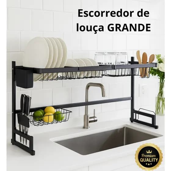 Escorredor de Louça Grande Para Pia Cozinha Aço Inoxidável Preto