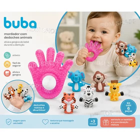 Kit Sensorial Bebê Mordedor Mãozinha Com Àgua + Dedoches Infantil Buba ROSA