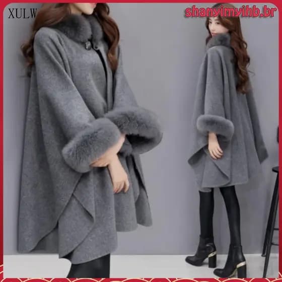 Casaco de Lã Feminino Plus Size Outono e Inverno Novo Casaco de Gola Quente e Fashionável da XMRE
