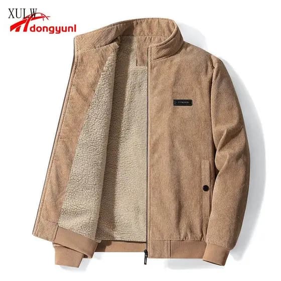 Jaqueta de Veludo Masculina de Inverno Nova, Forrada com Fleece Grosso, Moda com Gola Alta, Jaquetas Casuais de Lã de Co