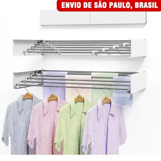 Varal de Parede Mágico Retrátil Dobrável Todo de Alumínio Grande Com 4/5 Varetas 100/80/60 cm