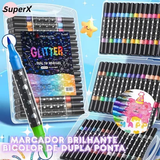 Caneta Marcadora Glitter Dupla Ponta 24/48/72/96 Cores | Arte, Escola, Planner, Desenho