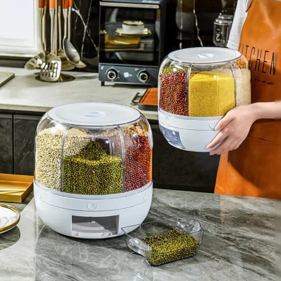 Dispenser de Cereais 6 em 1 Giratório 360° - Organizador de Grãos para Cozinha, Arroz, Feijão