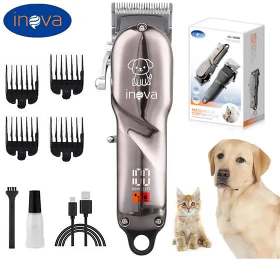 Inova Máquina de Tosa Profissional para Pets – Motor Potente, Silenciosa, LCD, Recarregável Type-C, Lâmina Inox