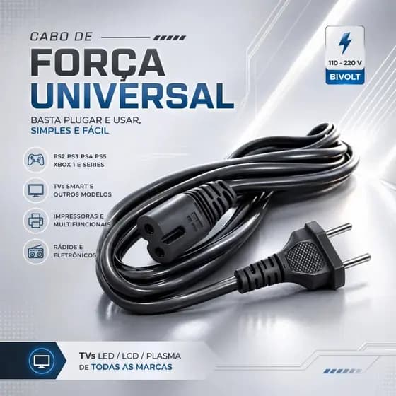 Cabo De Força Bipolar 2 Pinos Cabo 1,5m Tv Monitor Ps4 Radio