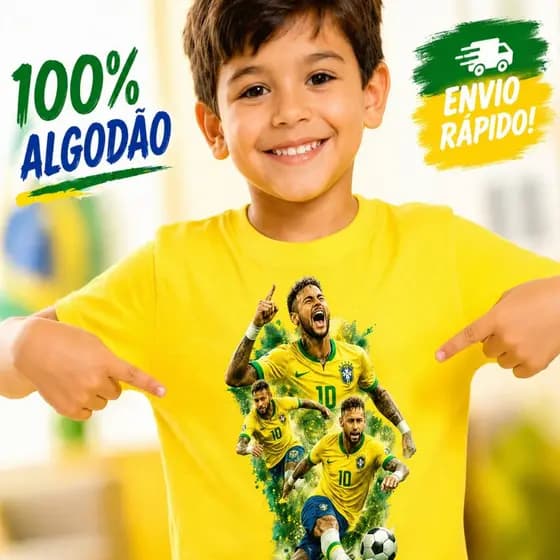 Camiseta Neymar Jr Copa do Mundo Infantil Criança Infantil Juvenil Brasil 100% Algodão