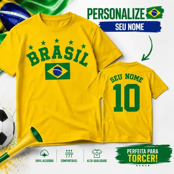 Personalizada Camisa Infantil Brasil – Faça Estampa Nome Camisa Criança Unissex Manga Curta Algodão
