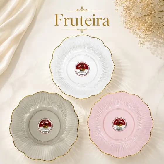 Fruteira De Mesa Decorativa Redonda 25cm Com Borda Dourada