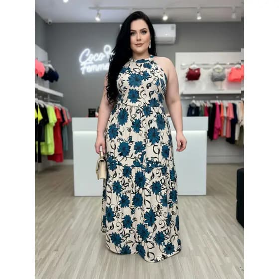 Vestido Longo Bege Floral Duna Glitter – Amarração Gola Alta – P ao G1 (Plus Size) – Coco Femme
