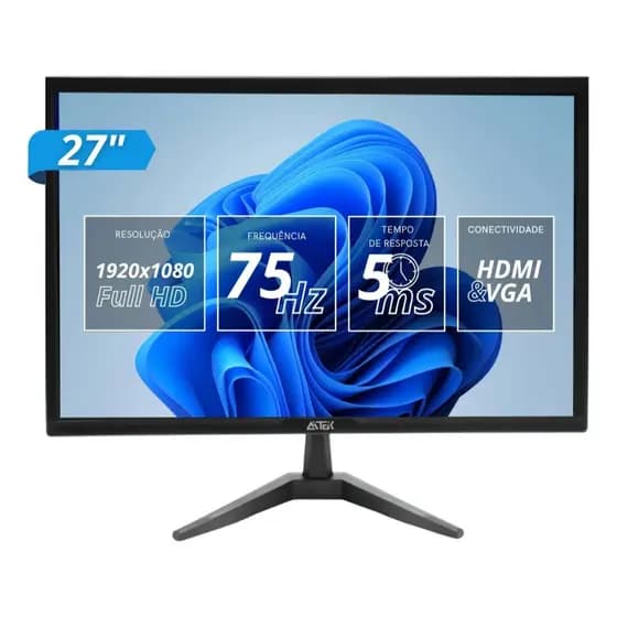 Monitor Aitek Led 27 Pol Full Hd Hdmi Vga 75hz 5ms Vesa Preto 127/220v