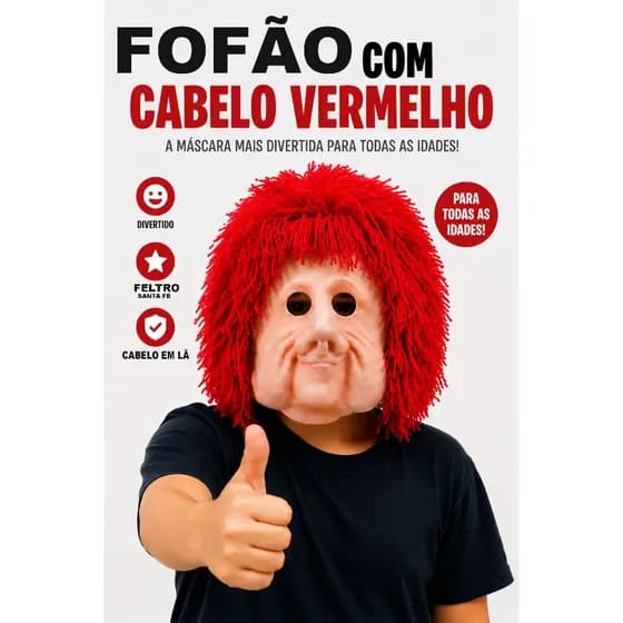 Fantasia Fofão Capacete Infantil Feltro Leve Cabelo em Lã Realista + Letra F Brinde Promoção Envio Rápido
