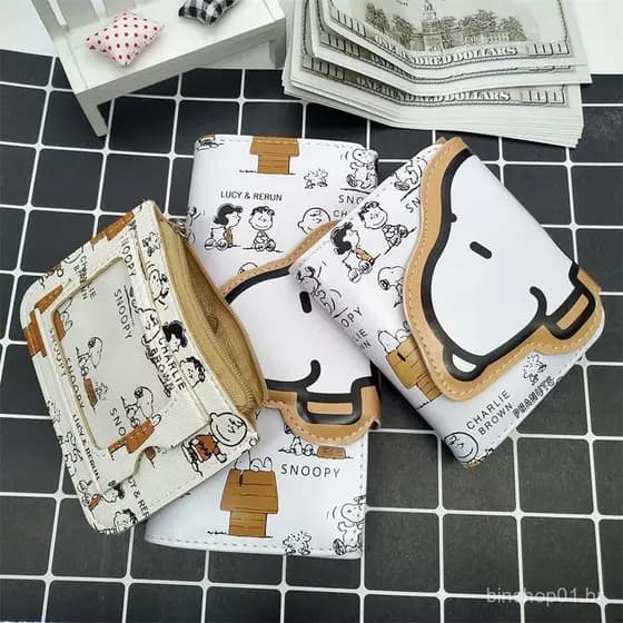Carteira Fofa Snoopy Longa e Curta para Meninas, Carteira de Moedas em PU com Coração, Carteira Dobrável Fofa Snoopy Lon