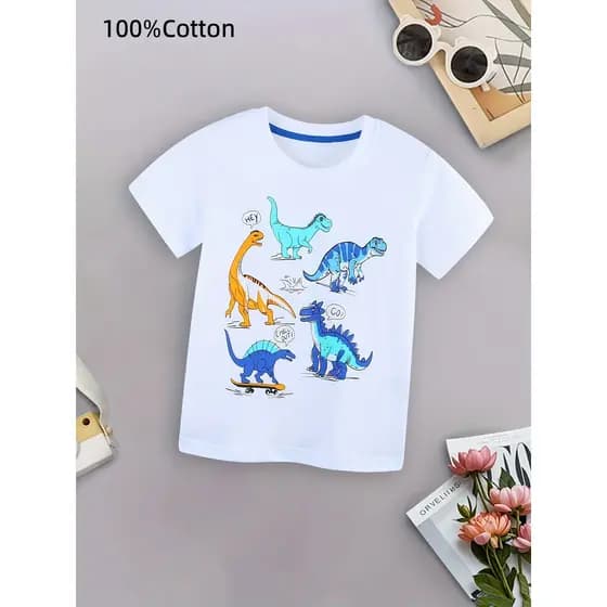 Camiseta infantil com gráfico de dinossauro - Manga curta de algodão, decote redondo, casual, verão