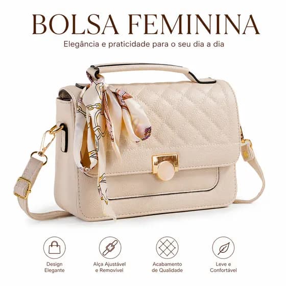Bolsa Feminina Baú Transversal Média com Lenço Alça Tiracolo Estruturada e Espaçosa