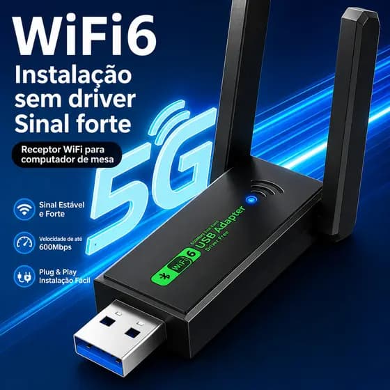Mini Adaptador WiFi Dongle 1300Mbps Dual Band 2.4GHz/5GHz PC Notebook Sem Fio 2 Antenas