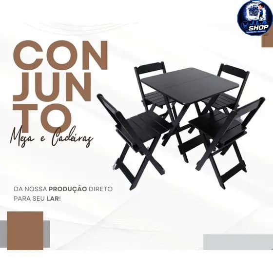 Jogo de Mesa Dobrável Madeira Maciça PRETA 70x70 c/ 4 ou 2 Cadeiras Bar Restaurante Área Externa Gourmet