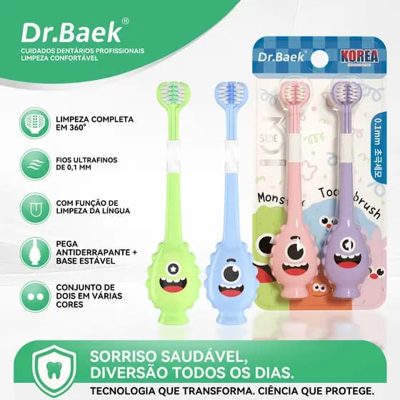 Dr.Baek Escova Dental Infantil U-Shape 3 Lados Limpa 3x Mais Rápido,Cerdas 0.1mm Macias+Raspador Língua,3-12 Anos