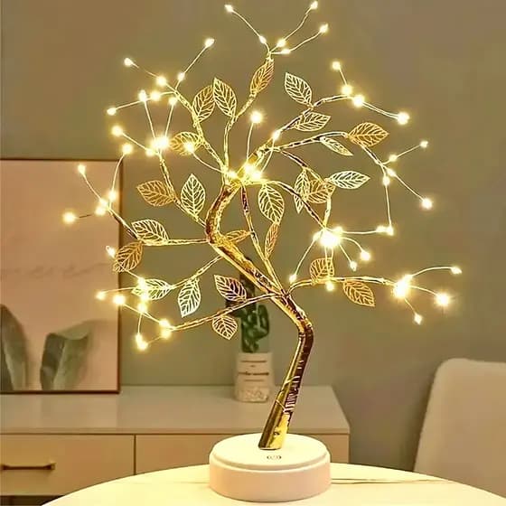 Luz de árvore LED de folha dourada, adequada para decoração de casa, quarto, iluminação de mesa de cabeceira